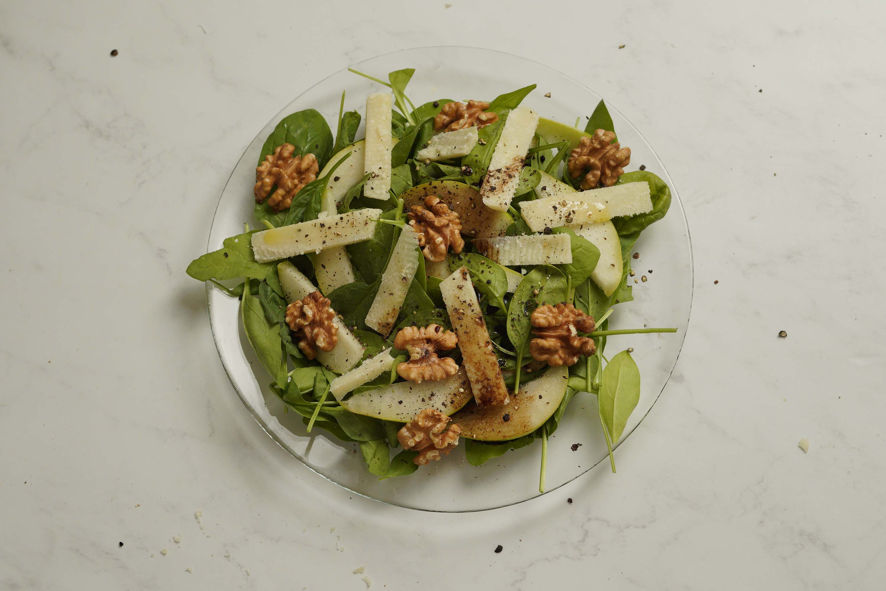 Parmesan, Pear, Walnut Salad with Orange infused Olive Oil