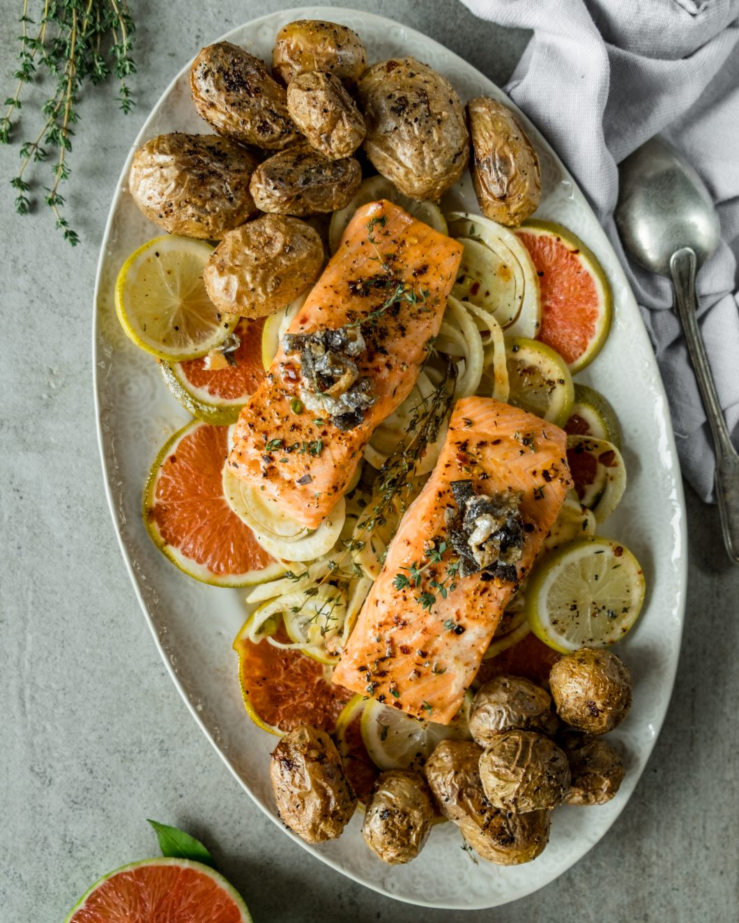Baked Honey And Citrus Salmon With Fennel And Roasted Potatoes